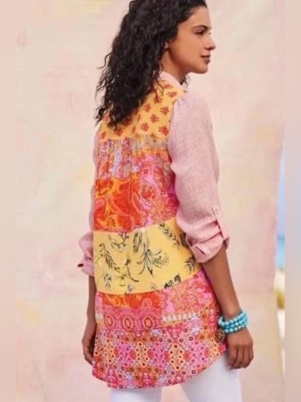 Soft Surroundings Pink White Stripe Colorful Floral Paisley Patchwork Shirt